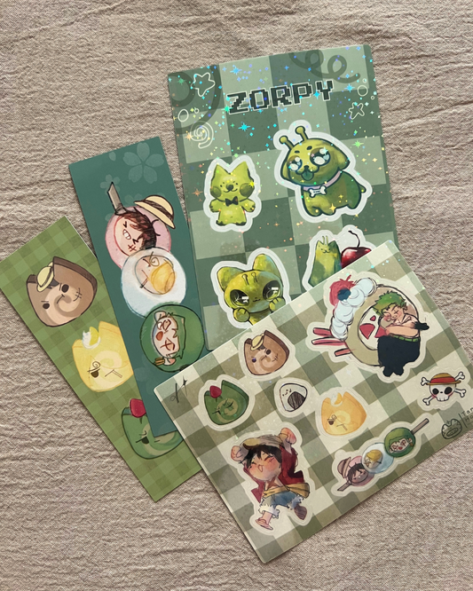 One Piece set + Zorpy sticker sheet + bookmarks ⋆˚꩜｡